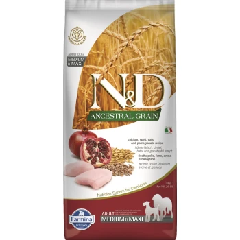 Sac de nourriture pour chiens présentant "N&D Ancestral Grain" avec une recette de poulet, épeautre, flocons d'avoine et grenade ; taille 12 kg ; comprend des détails nutritionnels.