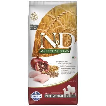 Hundefutterbeutel mit "N&D Ancestral Grain" mit Huhn, Dinkel, Hafer und Granatapfelrezept; 12 kg Größe; enthält Nährwertangaben.