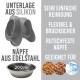 Silikonmatte und Edelstahlschüssel für Haustiere, 200ml Kapazität, mit Text, der einfache Reinigung, Flexibilität und rutschfeste Eigenschaften hervorhebt.