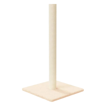 Ein beiger Katzenkratzbaum mit quadratischer Basis und einem hohen, strukturierten Pfosten, entworfen für das Kratzen und Klettern von Katzen.