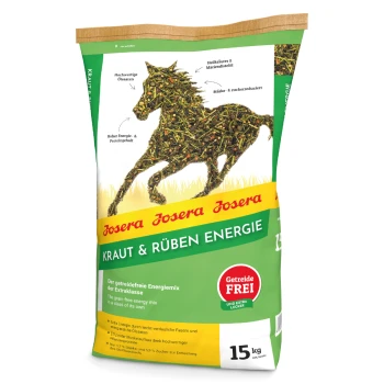 15 kg Sack Josera Kraut & Rüben Energie Pferdefutter, das eine Pferdesilhouette aus Kräutern und Getreide zeigt, betont getreidefrei und energiereich.