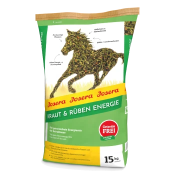 15 kg Sack Josera Kraut & Rüben Energie Pferdefutter, das eine Pferdesilhouette aus Kräutern und Getreide zeigt, betont getreidefrei und energiereich.