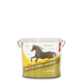 Gelber 3 kg Behälter Josera Kraut & Rüben Mineralcobs Pferdemineralergänzung mit Pferdebild und Produktdetails.