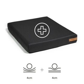Schwarzes Haustierbett mit einem medizinischen Kreuzsymbol, ausgestattet mit einer 4 cm dicken Polsterschicht, entworfen für Komfort und Unterstützung.