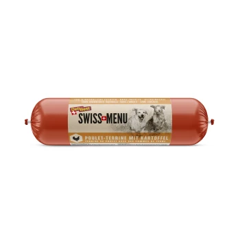 Rote zylindrische Verpackung von DeliBest Swiss Menu Hundefutter, mit der Aufschrift 'Poulet-Terrine mit Kartoffel', mit zwei Hunden auf der Vorderseite.
