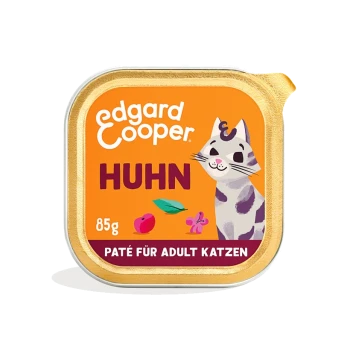 Edgard Cooper kattenvoer paté voor volwassenen, 85g, met een speelse geïllustreerde kat op een oranje achtergrond met het woord 'HUHN.'