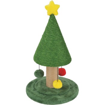 Grüner Weihnachtsbaum-Kratzbaum für Katzen mit gelbem Stern, Sisalstamm, plüschigem Sockel und drei herabhängenden Pompons.