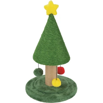 Grüner Weihnachtsbaum-Kratzbaum für Katzen mit gelbem Stern, Sisalstamm, plüschigem Sockel und drei herabhängenden Pompons.