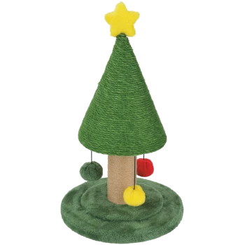 Grüner Weihnachtsbaum-Kratzbaum für Katzen mit gelbem Stern, Sisalstamm, plüschigem Sockel und drei herabhängenden Pompons.