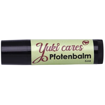 Yuki cares Pfotenbalsam, ein 5ml Pfotenbalsam in einer grünen Tube mit schwarzem Deckel, entworfen für die Pflege von Haustierpfoten.