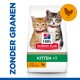 Hill's Science Plan kittenvoer zak met twee kittens, één oranje en één grijs, met de tekst 'Zonder Granen' en 'met Kip.'