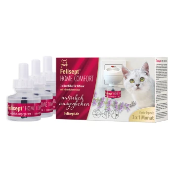 Felisep Home Comfort navulpakket met drie flessen voor diffusers, met een kat en lavendel op de verpakking, gelabeld "natuurlijk uitgebalanceerd."