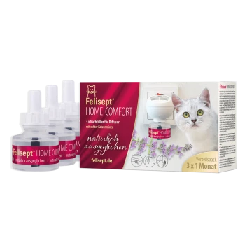Felisep Home Comfort Nachfüllpack mit drei Flaschen für Diffusoren, mit einer Katze und Lavendel auf der Verpackung, beschriftet mit "natürlich ausgeglichen."