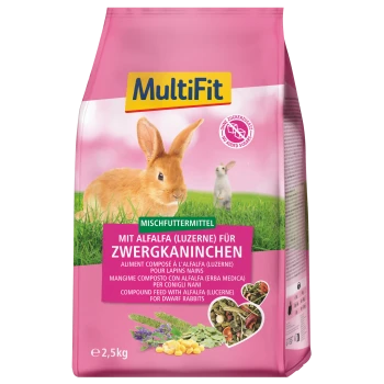 Sac rose MultiFit 2,5 kg d'aliment composé à la luzerne pour lapins nains (Mit Alfalfa für Zwergkaninchen) avec image de lapin.