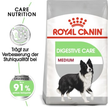 Royal Canin Digestive Care Hundefutterverpackung mit einer Border Collie-Illustration, die die Verdauungsvorteile und eine Verbesserung der Stuhlqualität um 91% betont.