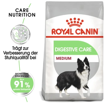 Royal Canin Digestive Care Hundefutterverpackung mit einer Border Collie-Illustration, die die Verdauungsvorteile und eine Verbesserung der Stuhlqualität um 91% betont.
