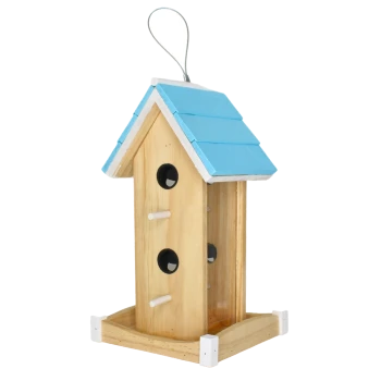 Holz-Vogelhaus mit einem blauen Dach, ausgestattet mit drei runden Öffnungen und einem Aufhängedraht, für den Außenbereich konzipiert.