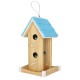 Holz-Vogelhaus mit einem blauen Dach, ausgestattet mit drei runden Öffnungen und einem Aufhängedraht, für den Außenbereich konzipiert.