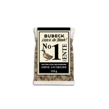 Emballage de friandises pour chiens Bubeck avec une illustration de canard, étiqueté "No 1 mit Ente," indiquant "récompense naturelle sans céréales," 210g.