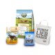 Tierprodukte von Bellfor: "Wiesen-Schmaus" Hundefutter, "Complete-Snack" Leckerlis, "Dental Sticks" und eine "Hunde Liebhaber" Tragetasche.