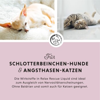 Relax Flüssig Rescue Liquid für Hunde und Katzen, 250 ml, mit einem Logo, das ein Pferd, eine Katze und einen Hund auf einem rosa Hintergrund zeigt.