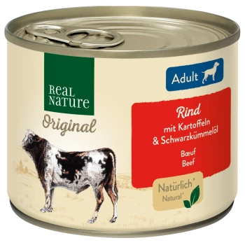 Canned dog food labeled "Real Nature Original" with beef, potatoes, and black cumin oil. Features an illustration of a cow.