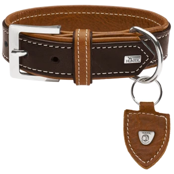 Brauner Leder-Hundehalsband mit weißen Nähten, silberner Schnalle und einem Anhänger mit dem 'HUNTER'-Logo.