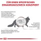 Katze-Illustration, die ein Diagramm des Verdauungssystems zeigt, das die Bedürfnisse an empfindlicher Verdauung und Ballaststoffen betont, mit deutschem Text.