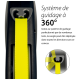 Image d'une laisse pour animaux avec un mécanisme de guidage à 360° et une sangle jaune vif, présentant un texte en français sur sa fonctionnalité.