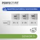Guide d'alimentation de nourriture pour chats Perfect Fit pour les chats âgés, montrant les quantités recommandées quotidiennement en fonction du poids (3kg, 4kg, 5kg) et de la teneur en calories.