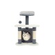 Ein stilvoller Kratzbaum für Katzen mit einem gemütlichen Versteck und einer oberen Plattform, mit einem verspielten hängenden Ball und einer hellgrauen Katze, die herausblickt.