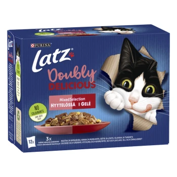 Latz Doubly Delicious Katzenfutterbox mit einer verspielten schwarz-weißen Katze, die durch ein Loch schaut, mit einer roten Schüssel mit gemischtem Futter.