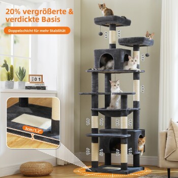 Grauer mehrstöckiger Kratzbaum mit fünf Katzen, Sisalstämmen; Einsatz zeigt 3 cm/1,2 Zoll Sockel; sichtbarer deutscher Text '20% ... Basis'.