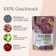 Haustierfutterpackung mit der Aufschrift "100% Geschmack" für "Pure Bites Insect" mit Hermetia-Larven, Süßkartoffel, Apfel und Erdbeerzutaten.