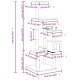 Katzenspielbaum-Diagramm mit in Zentimetern und Zoll beschrifteten Abmessungen, ausgestattet mit mehreren Plattformen, einem gemütlichen Versteck und einem Futternapf.