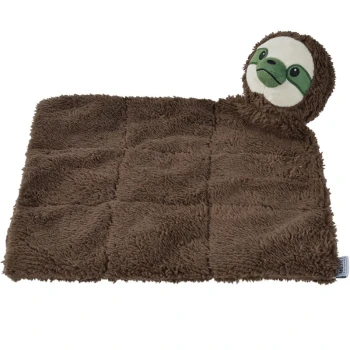 Rascheldecke Faultier Braune, plüschige Haustierdecke mit einer weichen, fusseligen Textur, mit einer abgerundeten Ecke. Ideal für den Komfort und die Wärme von Haustieren.