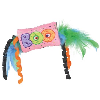 Pink plush pet toy with text BOO, eyeball letters, green/blue feathers and orange and black curly ribbons