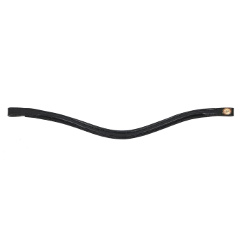 Ein schlanker schwarzer Lederhundehalsband mit einem geschwungenen Design und einem kleinen Logosticker an einem Ende.