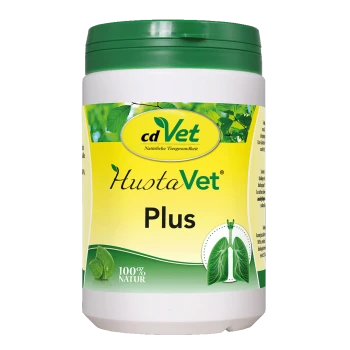 Weißes Plastikglas mit grünem Deckel, beschriftet 'cdVet HustaVet Plus', gelbes Etikett mit Lungenillustration und '100% NATUR'.
