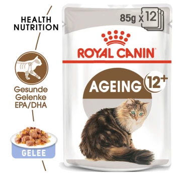 Verpackung von Royal Canin Ageing 12+ Katzenfutter mit einer Illustration einer flauschigen Katze, mit Text, der die gesundheitlichen Vorteile der Ernährung und EPA/DHA hervorhebt.