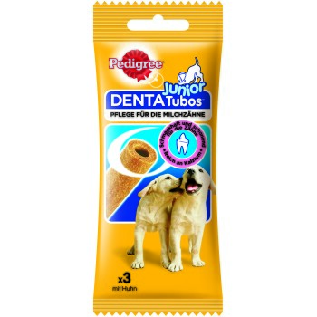Pedigree Junior Denta Tubos Hundesnacks zur Pflege der Milchzähne, Hähnchengeschmack, mit Bild von zwei Welpen und Snackring.