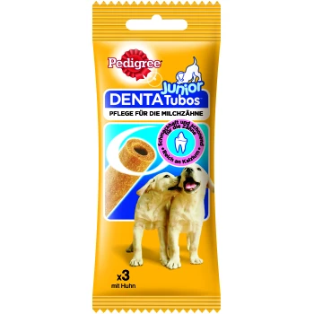 Pedigree Junior Denta Tubos Hundesnacks zur Pflege der Milchzähne, Hähnchengeschmack, mit Bild von zwei Welpen und Snackring.