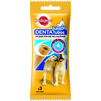 Pedigree Junior Denta Tubos Hundesnacks zur Pflege der Milchzähne, Hähnchengeschmack, mit Bild von zwei Welpen und Snackring.