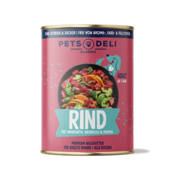 Dose Hundefutter mit der Aufschrift "RIND" mit Rindfleisch, Amaranth, Brokkoli und Papaya. Der Text enthält "Premium Nassfutter für adulte Hunde | Alle Rassen."