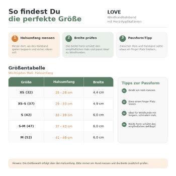 Größenleitfaden für LOVE Windhundhalsband — 'So findest Du die perfekte Größe'; Größen XS–M, Halsumfang 25–48 cm, Breiten 4,4–6,0 cm.