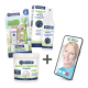 Canosept Zahnpflegeprodukte für Hunde, einschließlich eines Zahnpflegesets, Spray und Fingerpads, mit einem Smartphone, das einen Videoanruf anzeigt.