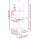 Katzenbaum-Design mit mehreren Ebenen, in cm und Zoll beschriftet, mit einer Rampe, einer Schüssel und geschlossenen Räumen.