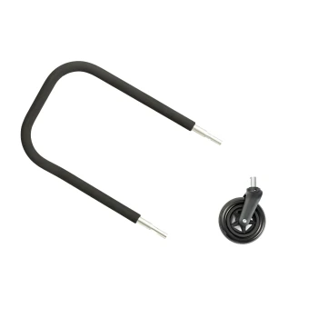 Ein schwarzer Griff für einen Haustierwagen mit Gummigriff und einem drehbaren Rad, entworfen für den Transport von Haustieren.