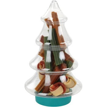 Klarer Kunststoffbehälter in Form eines Weihnachtsbaums, gefüllt mit verschiedenen braunen, grünen und beigen Hundekau-Leckerlis.