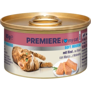Boîte de nourriture pour chats avec un chat tigré joueur sur l'étiquette, étiquetée 'PREMIERE J'aime mon chat' avec 'Mousse douce au bœuf' et détails nutritionnels.